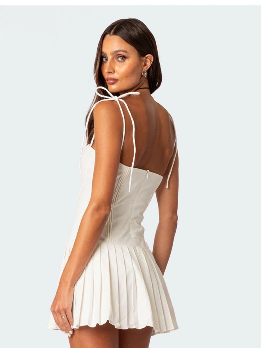 Edikted White Pleated Mini Dress with Spaghetti Straps - Picture 2 of 4